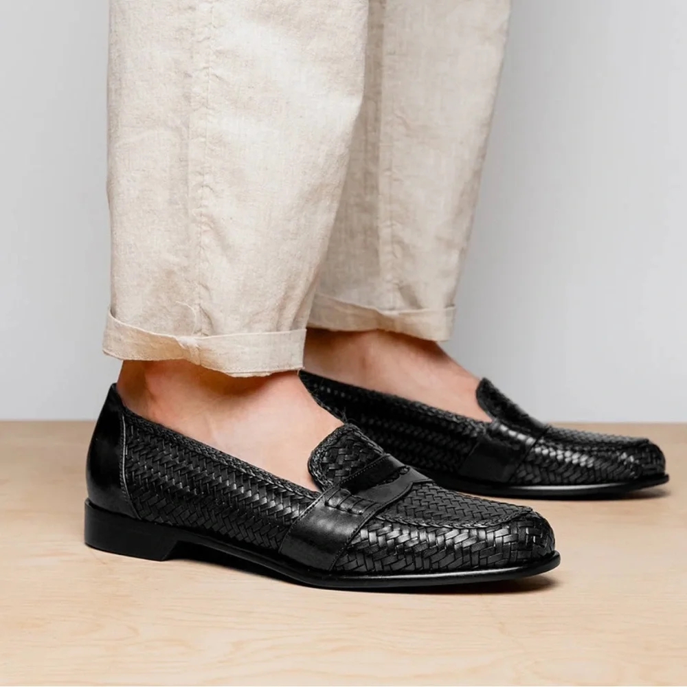 Zelli Italia Nicola Black Woven Calfskin Penny Loafers Handmade Italy Men 10.5M - Picture 3 of 14